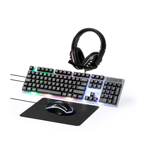 Set gamer para una experiencia de videojuego inmersiva. Incluye ratón óptico y teclado QWERTY en español, ambos retroiuminados con luz LED multicolor y conexión mediante cable USB. Además, incorpora una alfombrilla en suave poliéster, con base de silicona antideslizante perfecta para usar el ratón con precisión. El set lo completan unos auriculares de diadema con sonido envolvente y retroiluminados con luz LED multicolor; micrófono integrado y conexión jack de 3,5mm. Set en elegante acabado de color negro, presentado en caja individual de diseño kraft.