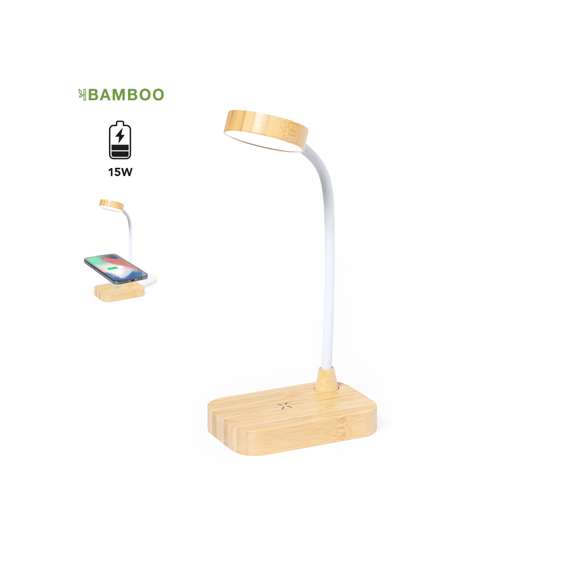 Lámpara cargador fabricada en resistente bambú. Con cargador inalámbrico 15W integrado y lámpara de 12 LEDs, mástil flexible y 3 posiciones de iluminación (cálida, fría y media), además de regulador de intensidad de la luz. Compatible con dispositivos móviles de carga inalámbrica, con cable cargador Tipo C y presentada en una atractiva caja de diseño kraft. Disponible manual de instrucciones en español e inglés.Materiales como el bambú fomentan la utilización de materias primas naturales, reduciendo las emisiones contaminantes. Proviene de una planta de gran resistencia y versatilidad, con crecimiento y regeneración rápidos, siendo una excelente alternativa al uso de madera tradicional.Fabricada conforme a los estándares RoHS y en cumplimiento con los siguientes requisitos de seguridad:Sistema de protección contra sobrecalentamiento.Sistema de protección contra sobrecarga.Sistema de bloqueo para evitar cortocircuitos.