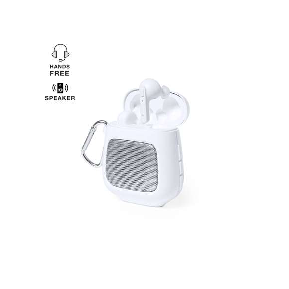 Originales auriculares altavoz con conexión Bluetooth 5.0 y fabricados resistente ABS de color blanco. El set incluye un altavoz Bluetooth de 3W de potencia, con función manos libres y mosquetón de transporte. Lo completa una pareja de auriculares intraurales con botón de control integrado y batería de 30 mAh cada uno. Base de carga de 600 mAh, con luz LED de estado de carga. Presentación en caja individual de diseño kraft, con manual de instrucciones en español e inglés.Fabricados conforme a los estándares RoHS y en cumplimiento con los siguientes requisitos de seguridad:Sistema de protección contra sobrecalentamiento.Sistema de protección contra sobrecarga.Sistema de bloqueo para evitar cortocircuitos.