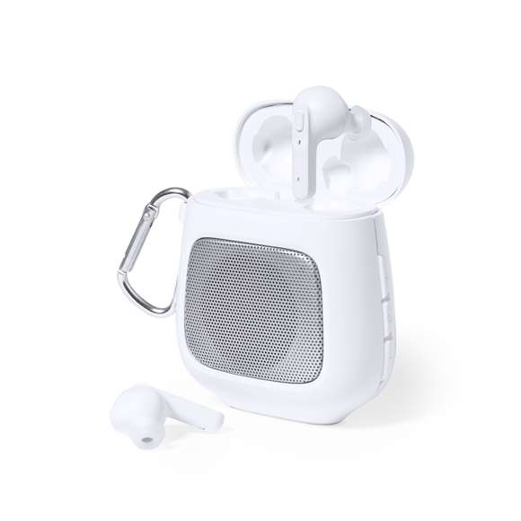 Originales auriculares altavoz con conexión Bluetooth 5.0 y fabricados resistente ABS de color blanco. El set incluye un altavoz Bluetooth de 3W de potencia, con función manos libres y mosquetón de transporte. Lo completa una pareja de auriculares intraurales con botón de control integrado y batería de 30 mAh cada uno. Base de carga de 600 mAh, con luz LED de estado de carga. Presentación en caja individual de diseño kraft, con manual de instrucciones en español e inglés.Fabricados conforme a los estándares RoHS y en cumplimiento con los siguientes requisitos de seguridad:Sistema de protección contra sobrecalentamiento.Sistema de protección contra sobrecarga.Sistema de bloqueo para evitar cortocircuitos.