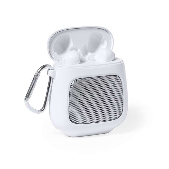 Originales auriculares altavoz con conexión Bluetooth 5.0 y fabricados resistente ABS de color blanco. El set incluye un altavoz Bluetooth de 3W de potencia, con función manos libres y mosquetón de transporte. Lo completa una pareja de auriculares intraurales con botón de control integrado y batería de 30 mAh cada uno. Base de carga de 600 mAh, con luz LED de estado de carga. Presentación en caja individual de diseño kraft, con manual de instrucciones en español e inglés.Fabricados conforme a los estándares RoHS y en cumplimiento con los siguientes requisitos de seguridad:Sistema de protección contra sobrecalentamiento.Sistema de protección contra sobrecarga.Sistema de bloqueo para evitar cortocircuitos.