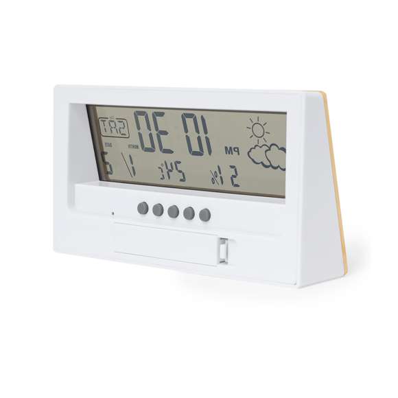 Estación meteorológica con frontal en bambú. Con sensor de temperatura y humedad. Función calendario y alarma. Alimentación a pila (1xAAA no incluida) y presentado en atractiva caja de diseño kraft. Disponible manual de instrucciones en español e inglés.Materiales como el bambú fomentan la utilización de materias primas naturales, reduciendo las emisiones contaminantes. Proviene de una planta de gran resistencia y versatilidad, con crecimiento y regeneración rápidos, siendo una excelente alternativa al uso de madera tradicional.