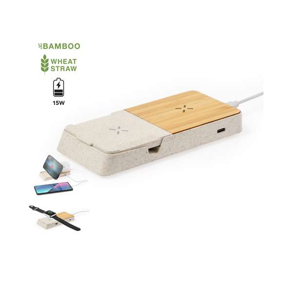 Completo cargador inalámbrico 15W con soporte fabricado en combinación de caña de trigo y bambú. Diseñado para la carga simultánea del smartphone o smartwatch, y auriculares, tanto de forma inalámbrica como a través de su puerto Tipo C: una estación de carga todo en uno, versátil y con soporte para smartphone o tablet. Presentada en atractiva caja individual de diseño kraft y disponible manual de instrucciones en español e inglés.La caña de trigo fomenta la utilización de materias primas naturales, reduciendo así las emisiones contaminantes.Materiales como el bambú fomentan la utilización de materias primas naturales, reduciendo las emisiones contaminantes. Proviene de una planta de gran resistencia y versatilidad, con crecimiento y regeneración rápidos, siendo una excelente alternativa al uso de madera tradicional.Fabricado conforme a los estándares RoHS y en cumplimiento con los siguientes requisitos de seguridad:Sistema de protección contra sobrecalentamiento.Sistema de protección contra sobrecarga.Sistema de bloqueo para evitar cortocircuitos.