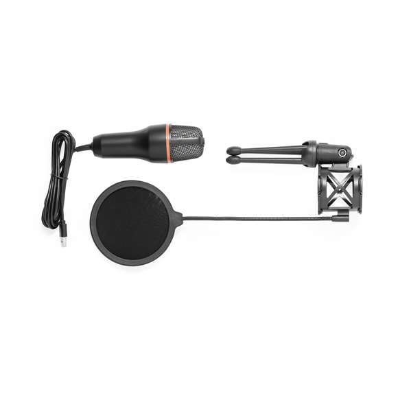 Micrófono de condensador de gran calidad de audio, idóneo para emisiones en directo, videollamadas o grabación de podcasts entre otros muchos usos. Con sistema de reducción de ruido y filtro anti-pop para que no se reproduzcan “pops” y/o siseos indeseados al pronunciar sonidos como la t, la p, o la s. Retroiluminado por LEDs multicolor y con fácil sistema de conexión plug and play mediante cable USB, compatible con PC y otros dispositivos. Incluye trípode ajustable que permite colocarlo en cualquier sitio, además de contar con rotación 360º y ajuste vertical. Presentado individualmente en caja de diseño kraft, con manual de instrucciones en español e inglés.