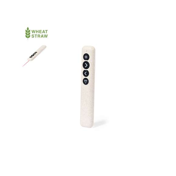 Elegante puntero láser de clase 2 con conexión USB fabricado en caña de trigo. Especialmente diseñado para presentaciones PowerPoint y Keynote, incorpora pulsador de activación lateral, con botones de avance, pausa y retroceso. Con cuerpo especialmente diseñado para marcaje en tampografía. Alimentación a pilas: 1xAAA incluida. Presentado en caja de diseño kraft, con manual de instrucciones en español e inglés.La caña de trigo fomenta la utilización de materias primas naturales, reduciendo así las emisiones contaminantes.