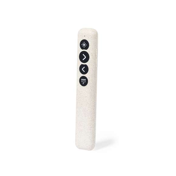 Elegante puntero láser de clase 2 con conexión USB fabricado en caña de trigo. Especialmente diseñado para presentaciones PowerPoint y Keynote, incorpora pulsador de activación lateral, con botones de avance, pausa y retroceso. Con cuerpo especialmente diseñado para marcaje en tampografía. Alimentación a pilas: 1xAAA incluida. Presentado en caja de diseño kraft, con manual de instrucciones en español e inglés.La caña de trigo fomenta la utilización de materias primas naturales, reduciendo así las emisiones contaminantes.
