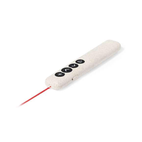 Elegante puntero láser de clase 2 con conexión USB fabricado en caña de trigo. Especialmente diseñado para presentaciones PowerPoint y Keynote, incorpora pulsador de activación lateral, con botones de avance, pausa y retroceso. Con cuerpo especialmente diseñado para marcaje en tampografía. Alimentación a pilas: 1xAAA incluida. Presentado en caja de diseño kraft, con manual de instrucciones en español e inglés.La caña de trigo fomenta la utilización de materias primas naturales, reduciendo así las emisiones contaminantes.