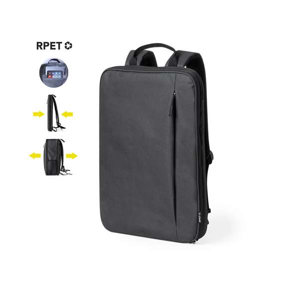Mochila extensible confeccionada en resistente 600D RPET. Equipada con cierre de cremallera de doble tirador, con posibilidad para ampliar la capacidad. Su interior cuenta con compartimentos acolchados diseñados para tablet de hasta 10 pulgadas y portátil de hasta 15 pulgadas. Las cintas de hombros son acolchadas, ajustables y desmontables, permitiendo guardarlas en el bolsillo trasero. La mochila incluye una cinta para fijarla a las maletas y un asa superior para un fácil transporte en la mano. Logotipo RPET en etiqueta. Presentado en una bolsa individual reciclada. El material RPET se elabora a partir de plástico reciclado, para así fomentar la reutilización de residuos plásticos y ayudar a la sostenibilidad del planeta.