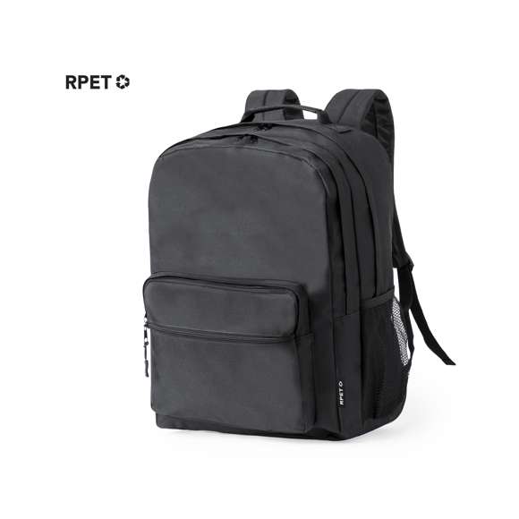 Mochila elaborada en resistente 600D RPET. Cuenta con dos bolsillos centrales con cierre de cremallera de doble tirador y dos bolsillos frontales para un acceso práctico. En su interior, dispone de bolsillo acolchado diseñado para portátil de hasta 15 pulgadas. La espalda y las cintas de hombros están acolchadas y son ajustables, incorporando un tejido transpirable. Además, presenta una cinta superior y un bolsillo lateral de rejilla. Logotipo RPET en etiqueta. Presentada en una bolsa individual reciclada. El material RPET se elabora a partir de plástico reciclado, para así fomentar la reutilización de residuos plásticos y ayudar a la sostenibilidad del planeta.