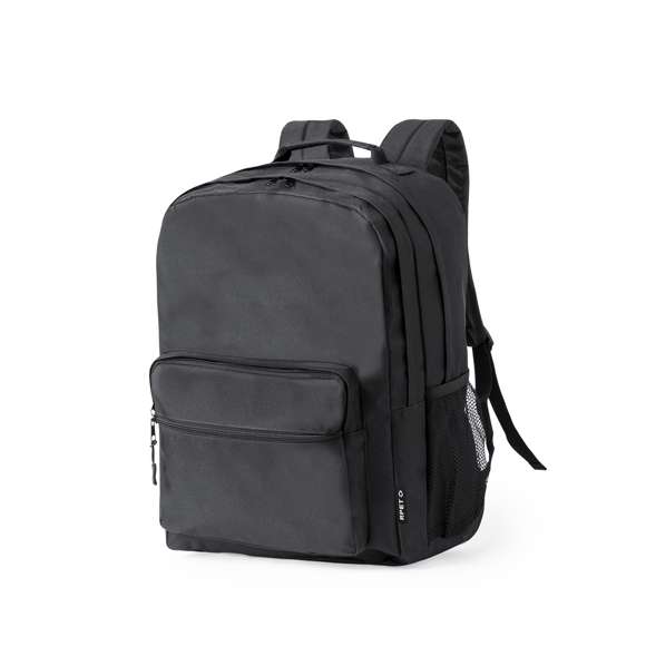 Mochila elaborada en resistente 600D RPET. Cuenta con dos bolsillos centrales con cierre de cremallera de doble tirador y dos bolsillos frontales para un acceso práctico. En su interior, dispone de bolsillo acolchado diseñado para portátil de hasta 15 pulgadas. La espalda y las cintas de hombros están acolchadas y son ajustables, incorporando un tejido transpirable. Además, presenta una cinta superior y un bolsillo lateral de rejilla. Logotipo RPET en etiqueta. Presentada en una bolsa individual reciclada. El material RPET se elabora a partir de plástico reciclado, para así fomentar la reutilización de residuos plásticos y ayudar a la sostenibilidad del planeta.