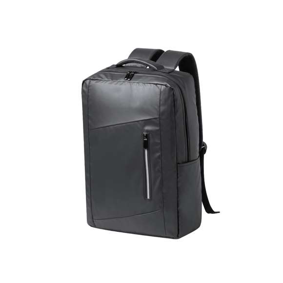 Mochila confeccionada en elegante polipiel. Caracterizada por un diseño urbano que incorpora un bolsillo acolchado para tablet de hasta 10 pulgadas y portátil de hasta 15 pulgadas. Además, cuenta con un bolsillo frontal destacado por una banda reflectante. Espalda y cintas de hombros acolchadas, ajustables y fabricadas con tela transpirable en la parte interior. Incluye un accesorio de ajuste para trolley y una cómoda asa superior acolchada. Presentado en una bolsa individual reciclada.
