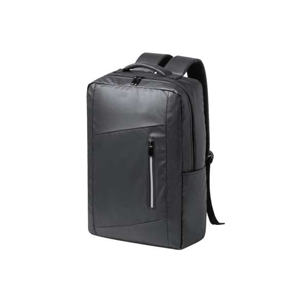 Mochila confeccionada en elegante polipiel. Caracterizada por un diseño urbano que incorpora un bolsillo acolchado para tablet de hasta 10 pulgadas y portátil de hasta 15 pulgadas. Además, cuenta con un bolsillo frontal destacado por una banda reflectante. Espalda y cintas de hombros acolchadas, ajustables y fabricadas con tela transpirable en la parte interior. Incluye un accesorio de ajuste para trolley y una cómoda asa superior acolchada. Presentado en una bolsa individual reciclada.