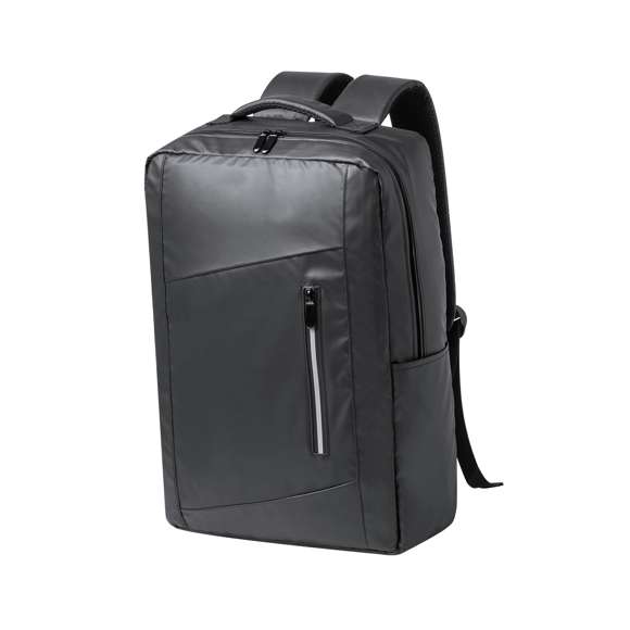 Mochila confeccionada en elegante polipiel. Caracterizada por un diseño urbano que incorpora un bolsillo acolchado para tablet de hasta 10 pulgadas y portátil de hasta 15 pulgadas. Además, cuenta con un bolsillo frontal destacado por una banda reflectante. Espalda y cintas de hombros acolchadas, ajustables y fabricadas con tela transpirable en la parte interior. Incluye un accesorio de ajuste para trolley y una cómoda asa superior acolchada. Presentado en una bolsa individual reciclada.