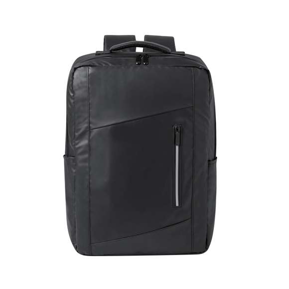 Mochila confeccionada en elegante polipiel. Caracterizada por un diseño urbano que incorpora un bolsillo acolchado para tablet de hasta 10 pulgadas y portátil de hasta 15 pulgadas. Además, cuenta con un bolsillo frontal destacado por una banda reflectante. Espalda y cintas de hombros acolchadas, ajustables y fabricadas con tela transpirable en la parte interior. Incluye un accesorio de ajuste para trolley y una cómoda asa superior acolchada. Presentado en una bolsa individual reciclada.