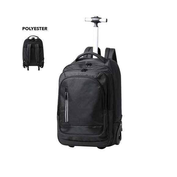 Mochila trolley de 2 ruedas en poliéster 300D de alta calidad. Incluye compartimento interior acolchado para ordenador portátil de hasta 15 pulgadas. Con asa exterior reforzada a juego y prácticos bolsillos en parte frontal. Con cremalleras a juego, además incluye cintas para hombro acolchadas y ocultas en parte posterior para usar como mochila. Presentado en bolsa individual reciclada.