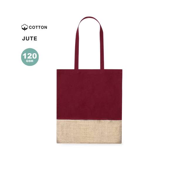Bolsa de asas en material 100% algodón de 120 g/m2 en combinación con yute. Confortables asas planas y disponible en varios colores. Resistencia hasta 8kg de peso.