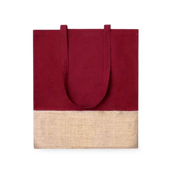 Bolsa de asas en material 100% algodón de 120 g/m2 en combinación con yute. Confortables asas planas y disponible en varios colores. Resistencia hasta 8kg de peso.