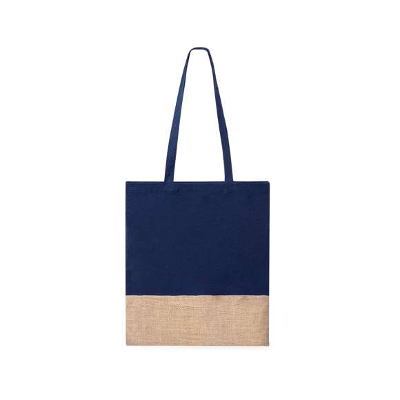 Bolsa de asas en material 100% algodón de 120 g/m2 en combinación con yute. Confortables asas planas y disponible en varios colores. Resistencia hasta 8kg de peso.