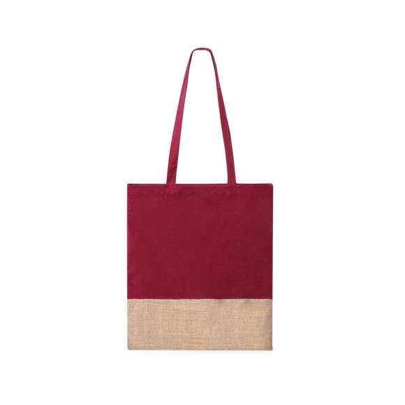 Bolsa de asas en material 100% algodón de 120 g/m2 en combinación con yute. Confortables asas planas y disponible en varios colores. Resistencia hasta 8kg de peso.