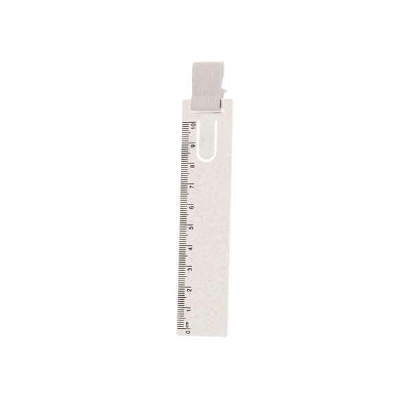 Original regla marcapáginas hecho en caña de trigo. Práctico utensilio de medida de hasta 10cm con pestaña para usar como marcapáginas y goma elástica para sujetar bolígrafos. Fabricado en caña de trigo y poliéster. Presentado individualmente en una bolsa de papel reciclada. La caña de trigo fomenta la utilización de materias primas naturales, reduciendo así las emisiones contaminantes.