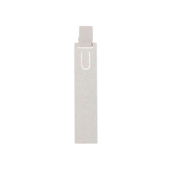 Original regla marcapáginas hecho en caña de trigo. Práctico utensilio de medida de hasta 10cm con pestaña para usar como marcapáginas y goma elástica para sujetar bolígrafos. Fabricado en caña de trigo y poliéster. Presentado individualmente en una bolsa de papel reciclada. La caña de trigo fomenta la utilización de materias primas naturales, reduciendo así las emisiones contaminantes.