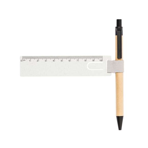 Original regla marcapáginas hecho en caña de trigo. Práctico utensilio de medida de hasta 10cm con pestaña para usar como marcapáginas y goma elástica para sujetar bolígrafos. Fabricado en caña de trigo y poliéster. Presentado individualmente en una bolsa de papel reciclada. La caña de trigo fomenta la utilización de materias primas naturales, reduciendo así las emisiones contaminantes.