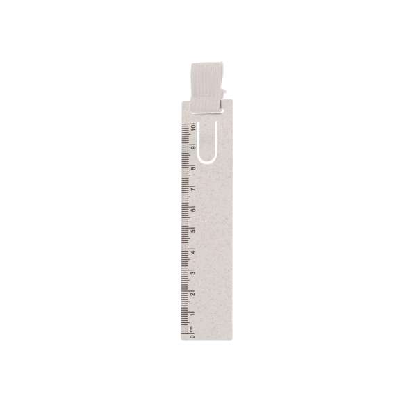 Original regla marcapáginas hecho en caña de trigo. Práctico utensilio de medida de hasta 10cm con pestaña para usar como marcapáginas y goma elástica para sujetar bolígrafos. Fabricado en caña de trigo y poliéster. Presentado individualmente en una bolsa de papel reciclada. La caña de trigo fomenta la utilización de materias primas naturales, reduciendo así las emisiones contaminantes.
