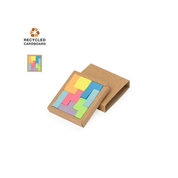 Portanotas fabricado en cartón reciclado. Con 200 mininotas adhesivas en diferentes colores y formas geométricas. Presentados en una caja de cartón reciclado con funda.
