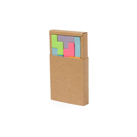 Portanotas fabricado en cartón reciclado. Con 200 mininotas adhesivas en diferentes colores y formas geométricas. Presentados en una caja de cartón reciclado con funda.