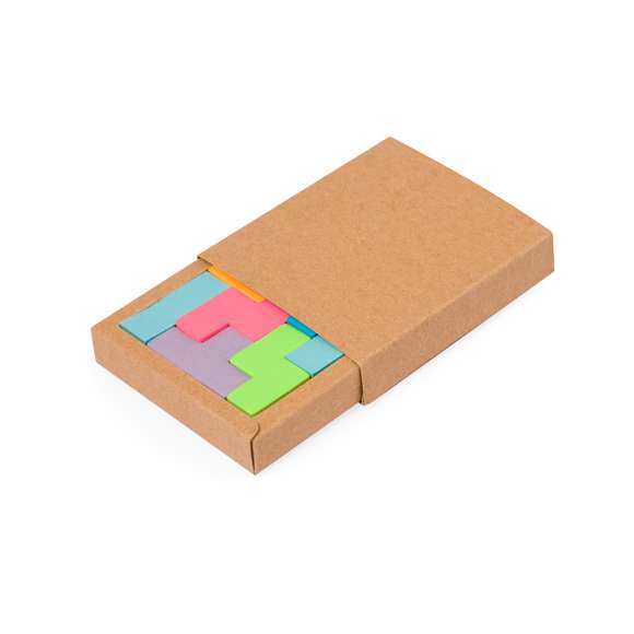 Portanotas fabricado en cartón reciclado. Con 200 mininotas adhesivas en diferentes colores y formas geométricas. Presentados en una caja de cartón reciclado con funda.