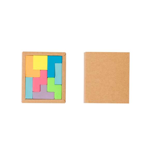 Portanotas fabricado en cartón reciclado. Con 200 mininotas adhesivas en diferentes colores y formas geométricas. Presentados en una caja de cartón reciclado con funda.