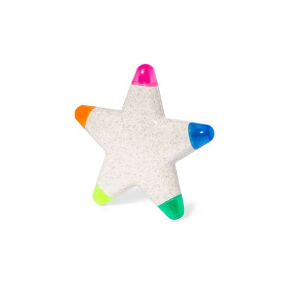 Original marcador fluorescente de cinco colores fabricado en caña de trigo. Con cuerpo de estrella en suave acabado brillante, especialmente diseñado para marcaje a todo color. Con capuchas translúcidas a juego con el marcador. Presentado en bolsa de papel reciclado.La caña de trigo fomenta la utilización de materias primas naturales, reduciendo así las emisiones contaminantes.