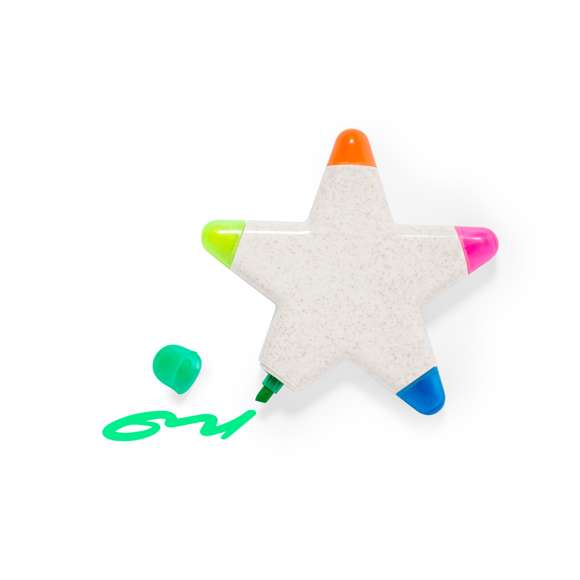 Original marcador fluorescente de cinco colores fabricado en caña de trigo. Con cuerpo de estrella en suave acabado brillante, especialmente diseñado para marcaje a todo color. Con capuchas translúcidas a juego con el marcador. Presentado en bolsa de papel reciclado.La caña de trigo fomenta la utilización de materias primas naturales, reduciendo así las emisiones contaminantes.