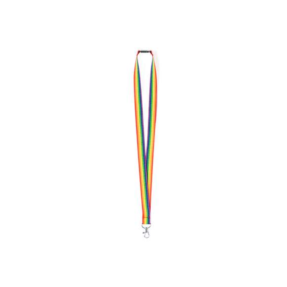 Lanyard Rainbow multicolor, fabricado en suave poliéster. Con mosquetón metálico giratorio y accesorio de seguridad en el cuello. Todo un orgullo de lanyard.