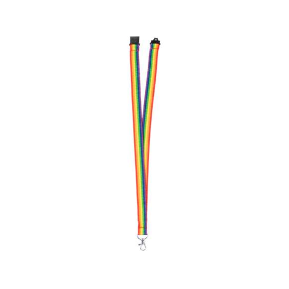 Lanyard Rainbow multicolor, fabricado en suave poliéster. Con mosquetón metálico giratorio y accesorio de seguridad en el cuello. Todo un orgullo de lanyard.
