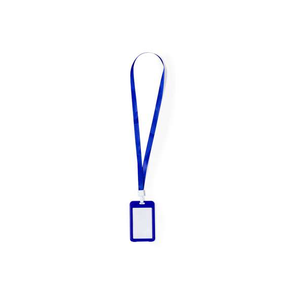 Identificador lanyard fabricado en suave poliéster. Portatarjetas con ventanilla de PVC y mosquetón en resistente plástico. Disponible en variada gama de colores.