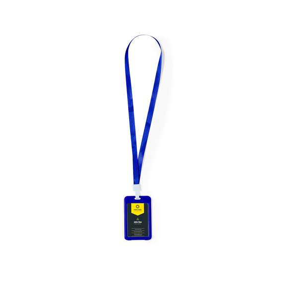 Identificador lanyard fabricado en suave poliéster. Portatarjetas con ventanilla de PVC y mosquetón en resistente plástico. Disponible en variada gama de colores.
