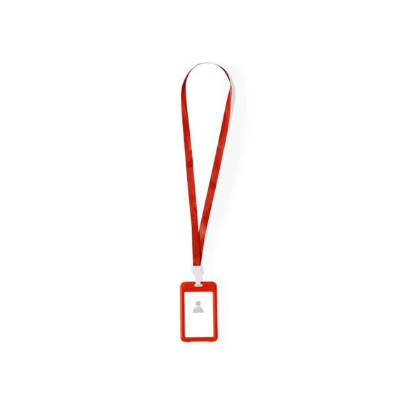 Identificador lanyard fabricado en suave poliéster. Portatarjetas con ventanilla de PVC y mosquetón en resistente plástico. Disponible en variada gama de colores.