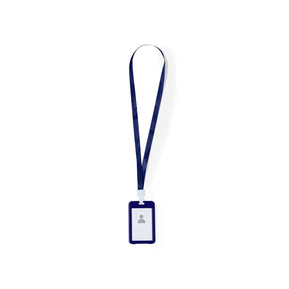 Identificador lanyard fabricado en suave poliéster. Portatarjetas con ventanilla de PVC y mosquetón en resistente plástico. Disponible en variada gama de colores.