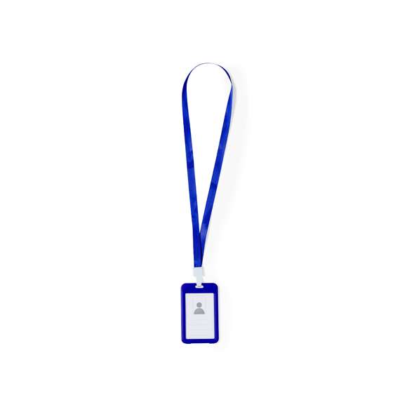 Identificador lanyard fabricado en suave poliéster. Portatarjetas con ventanilla de PVC y mosquetón en resistente plástico. Disponible en variada gama de colores.
