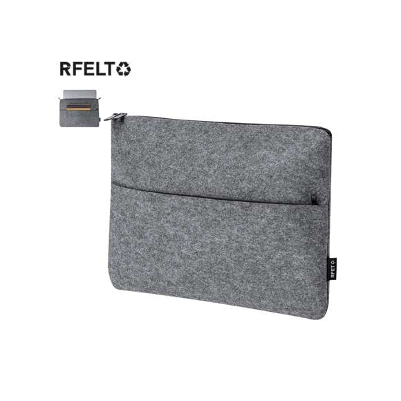 Funda para ordenador portátil fabricada en fieltro RPET. Bolsillo principal acolchado con cierre de cremallera, para portátiles de hasta 15 pulgadas, y bolsillo frontal para objetos más pequeños. Logotipo RPET en etiqueta. El fieltro RPET es fruto de la combinación del proceso de reciclaje de materiales plásticos junto con la técnica milenaria de fabricación del fieltro, dando como resultado un material de eco-tendencia que, además de ser de origen reciclado, también se convierte en reciclable.