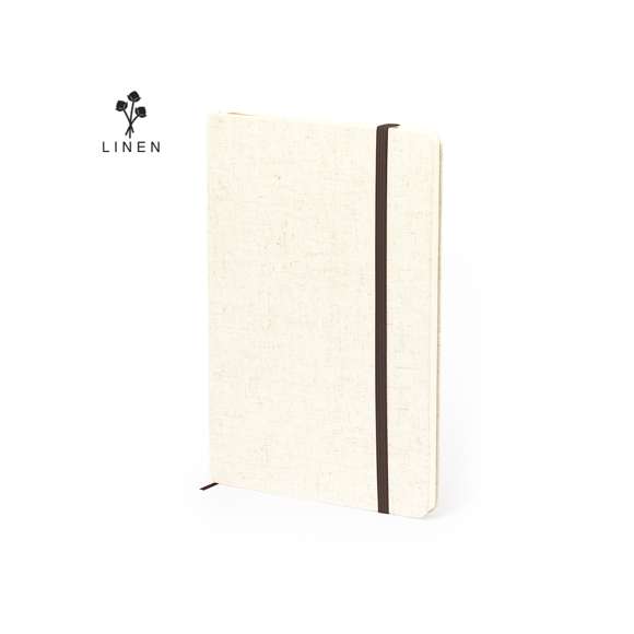 Bloc de notas confeccionado en suave lino. De tapas rígidas, marcapáginas, banda elástica de color marrón y 80 hojas lisas color natural. Con logotipo Lino en contraportada. Presentado en bolsa individual. Elaborado con elementos vegetales para así fomentar la utilización de materias primas naturales y reducir las emisiones contaminantes.