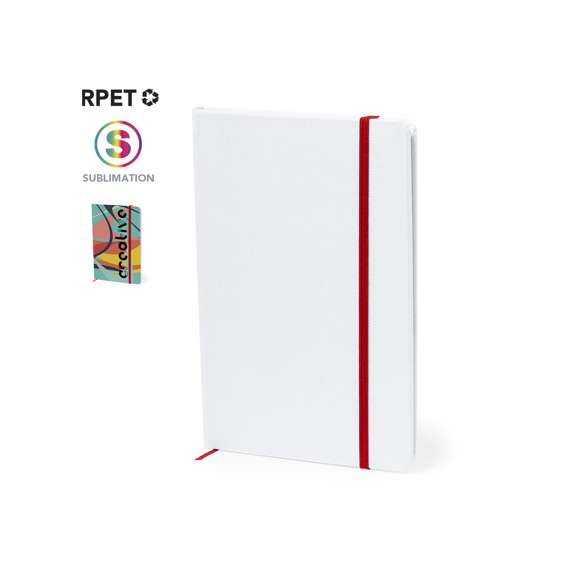 Bloc de notas con tapas rígidas elaboradas con RPET 600D. Con portada y contraportada en blanco, de 100 páginas en lisas, con banda elástica y marcapáginas en variados y vivos colores. Especialmente diseñado para marcaje a todo en sublimación. Con logotipo RPET en contraportada. Presentado en bolsa individual. El material RPET se elabora a partir de plástico reciclado, para así fomentar la reutilización de residuos plásticos y ayudar a la sostenibilidad del planeta.