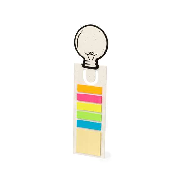 Original marcapáginas fabricado en papel con semillas, con un diseño distintivo de bombilla en la parte superior. Además, cuenta con notas adhesivas en diversas formas y colores: 15 notas adhesivas de 4x4,5 cm en tono amarillo y 75 mininotas de 1,2x4,5 cm en cinco colores diferentes. El papel incluye semillas de petunia, convirtiéndolo en papel plantable al final de su vida útil. Incluye instrucciones de plantado en la cubierta trasera y se presenta en una bolsa individual de papel reciclado.