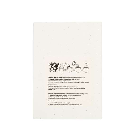 Libreta de tapas blandas con portada y contraportada fabricadas en papel de semillas. Con 60 hojas interiores en color blanco lisas. incluye semillas de petunia en ambas cubiertas, convirtiéndolo así en papel plantable al final de su vida útil. Con instrucciones de plantado y presentado en bolsa individual de papel reciclado.