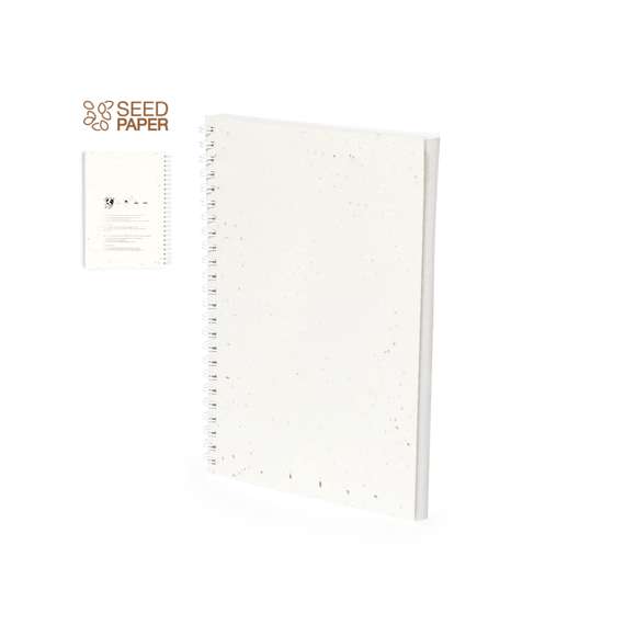 Libreta de anillas con tapas blandas fabricadas en papel de semilla. Con 80 hojas blancas lisas. Las cubiertas incluyen semillas de petunia, convirtiéndolo en papel plantable al final de su vida útil. Incluye instrucciones de plantado en la cubierta trasera y se presenta en una bolsa individual de papel reciclado.