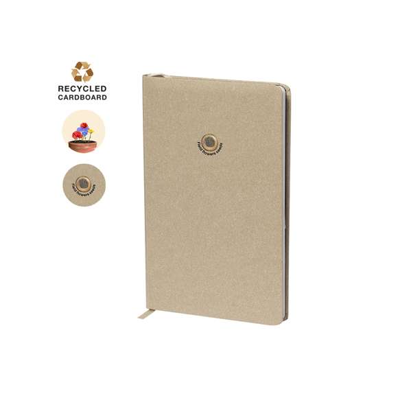 Bloc de notas de semillas fabricado en resistente cartón reciclado. Con tapas rígidas, marcapáginas y 80 hojas interiores con disposición a una raya en papel reciclado. Además, en la portada contiene una cápsula con semillas de flores silvestres, en colores surtidos y con instrucciones de plantado en la cubierta trasera.El cartón reciclado proviene del reaprovechamiento de excedente de fabricaciones y reciclaje de papel en el final de su vida útil, convirtiéndose en un lienzo ecológico y sostenible.