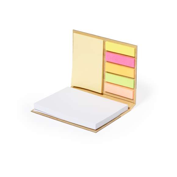 Bloc de notas de 70 hojas con tapas rígidas de bambú. Interior con 25 notas adhesivas 7,5x5cm y 125 mininotas adhesivas de 4,5x1,2cm en 5 colores diferentes. Presentado en bolsa de papel individual.Materiales como el bambú fomentan la utilización de materias primas naturales, reduciendo las emisiones contaminantes. Proviene de una planta de gran resistencia y versatilidad, con crecimiento y regeneración rápidos, siendo una excelente alternativa al uso de madera tradicional.