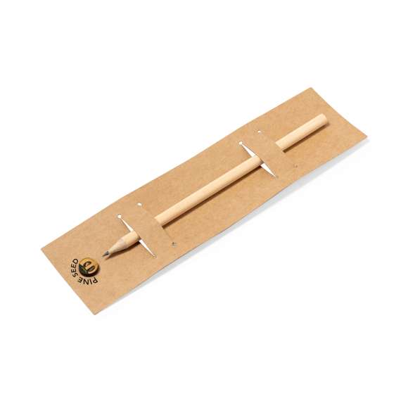 Práctico lápiz con semillas cilíndrico, fabricado en suave madera natural Presentado en un estuche de cartón reciclado que incluye una cápsula de semillas de pino. El cartón reciclado proviene del reaprovechamiento de excedente de fabricaciones y reciclaje de papel en el final de su vida útil, convirtiéndose en un lienzo ecológico y sostenible.
