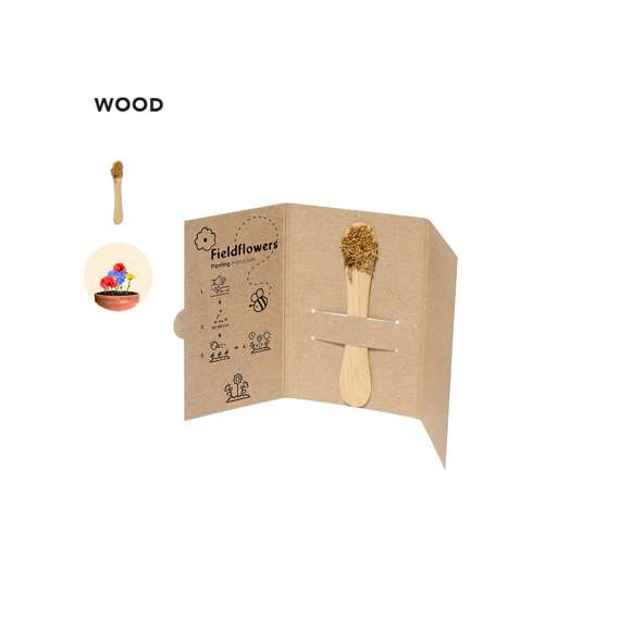 Stick con semillas. En uno de los extremos tiene una zona amplia para marcaje y en el otro extremo incluye semillas de flores silvestres listas para plantar. Presentado en una tarjeta de cartón reciclado con instrucciones de plantado.